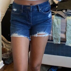 Blue Jean Shorts with Distressed Details and Frayed Hem